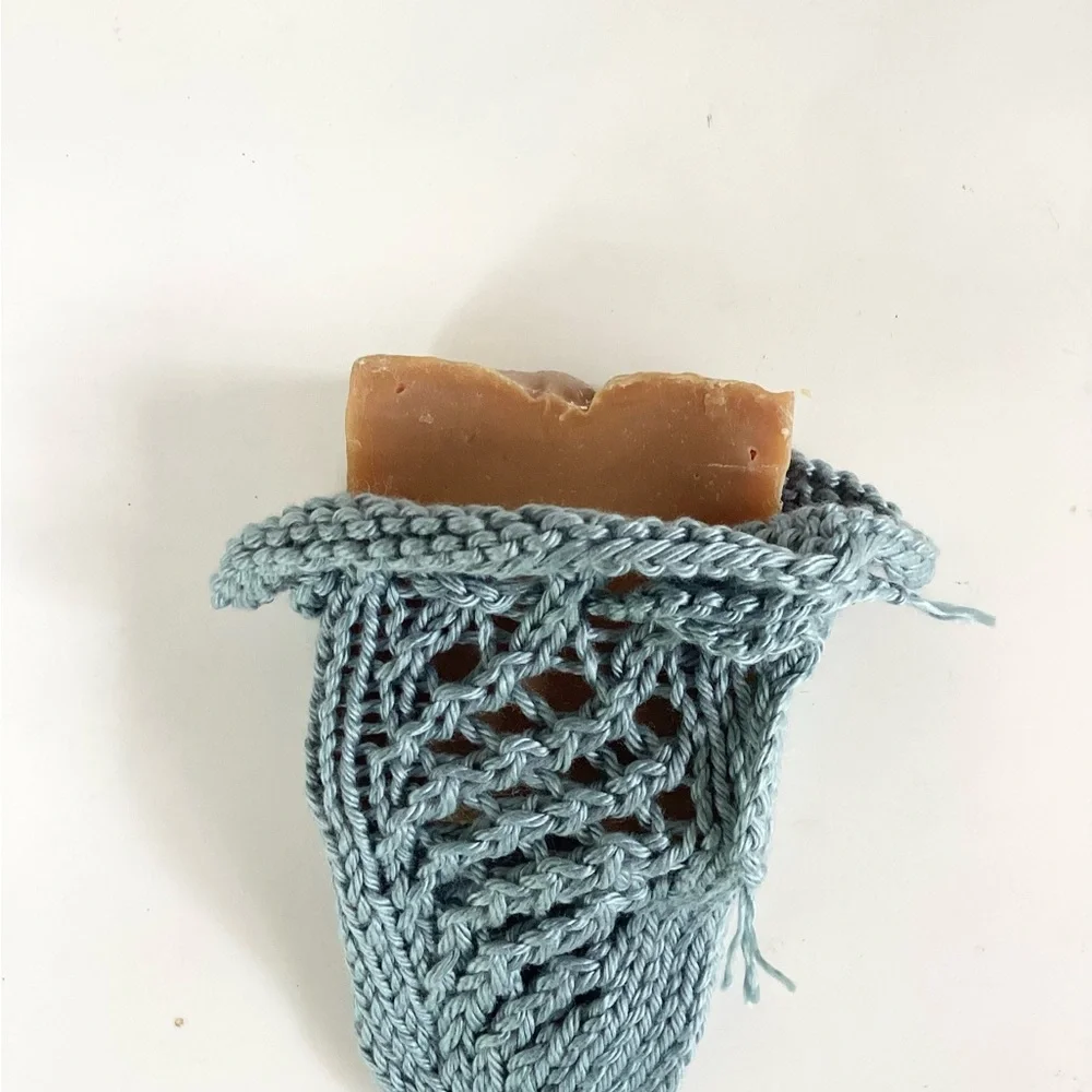 Hand Crafted Soap Saver Bag Pouch Hair Scrunchy Bath Essential Cotten Denim Blue
